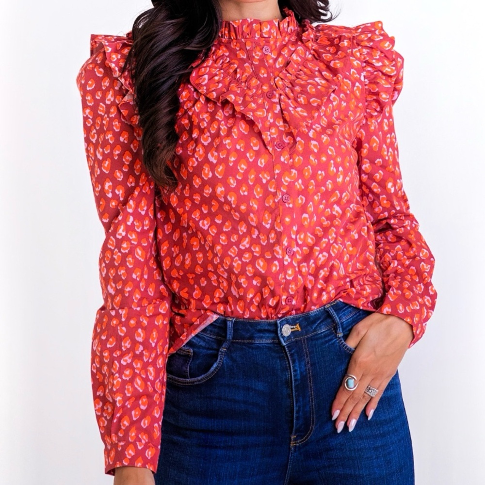 Karlie Leopard Poplin Ruffle Long Sleeve Top
